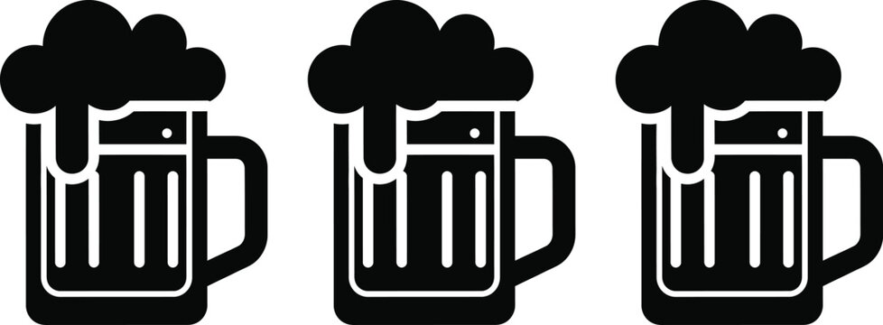 Three black silhouette mugs of beer with frothy foam simple icon set