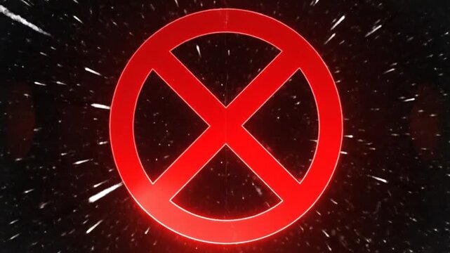 Abstract red circle with cross symbol against a dark, starry background.