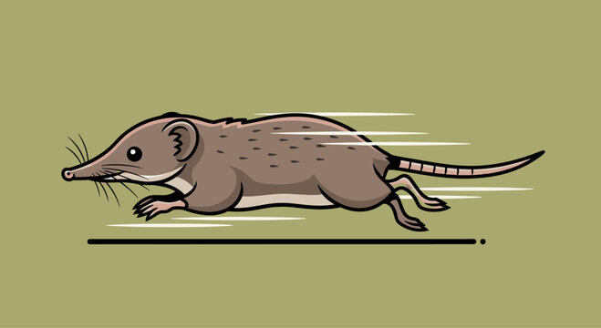 Fast cartoon shrew running with motion blur, side view, isolated on olive green background