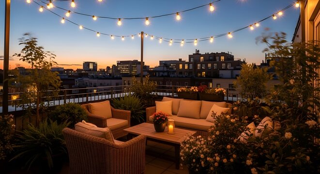 Rooftop terrace with string lights and city view at dusk