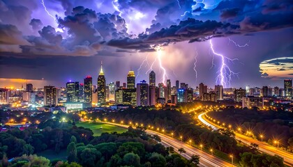 Obraz premium A city skyline during a stormy night with lightning