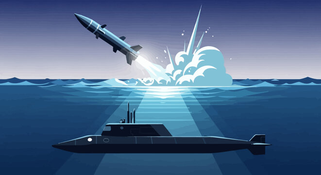 Submarine launching missile from ocean surface at twilight
