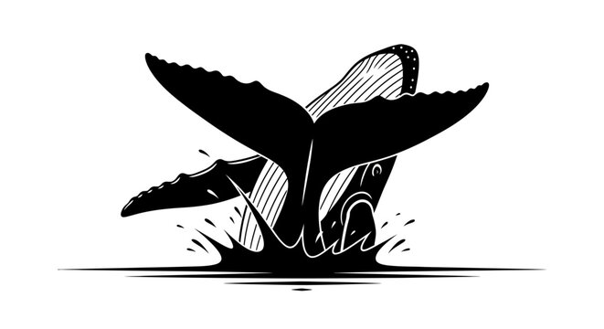 Whale tail diving into water with splash effect illustration