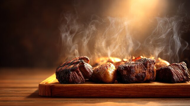 Generous portions of seared meat emit steam while resting on a wooden cutting board surface