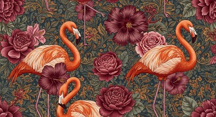Obraz premium Rich, ornate pattern of flamingos amidst vibrant floral arrangements, creating a lavish repeat design