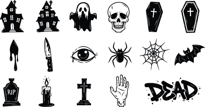 Set of Spooky Halloween Black and White Doodles