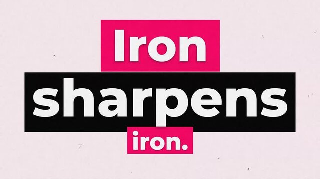 Dynamic typographic animation of the motivational quote Iron sharpens iron with gritty film textures and glitch effects. Gym motivation words
