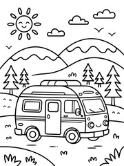 Obraz premium Adventurous Caravan in Nature: A cheerful caravan parked amidst rolling hills, embraced by the warmth of a smiling sun and fluffy clouds.