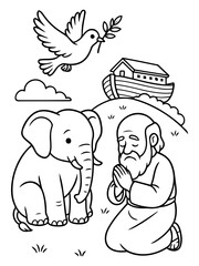 Fototapeta premium Divine Devotion: A humble figure kneels in prayer, accompanied by an elephant and a dove, with an ark in the background, representing faith and hope.