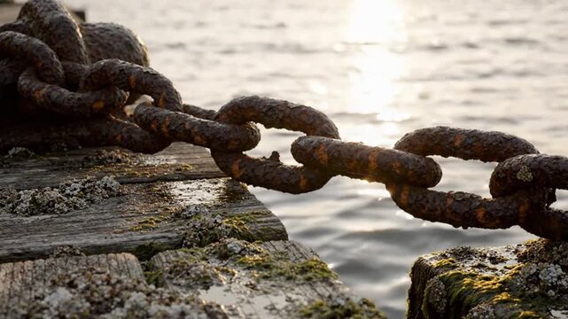 Rusty chain lies on mossy concrete dock by calm water at sunrise
