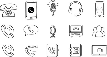 Collection of hand drawn communication device icons phones headsets and voice assistants © MD. MAMUNAR RASHID