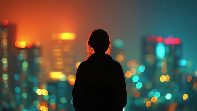 A solitary figure gazes at the vibrant city skyline, evoking feelings of reflection, ambition, and the pursuit of dreams &ndash; perfect for illustrating re