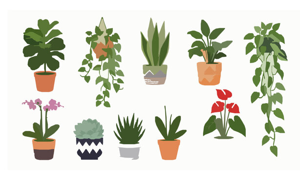 Potted houseplants variety indoor decor cartoon vector set