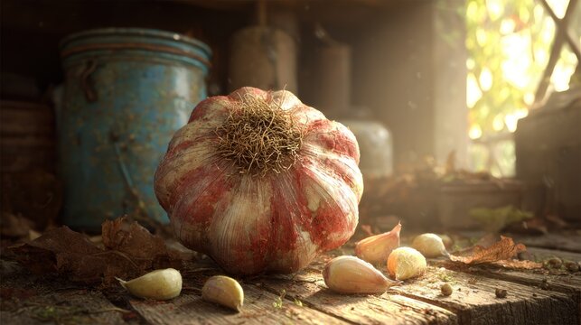 Single bulb of reddish garlic and individual cloves rest upon a rustic wooden surface bathed in warm sunlight.