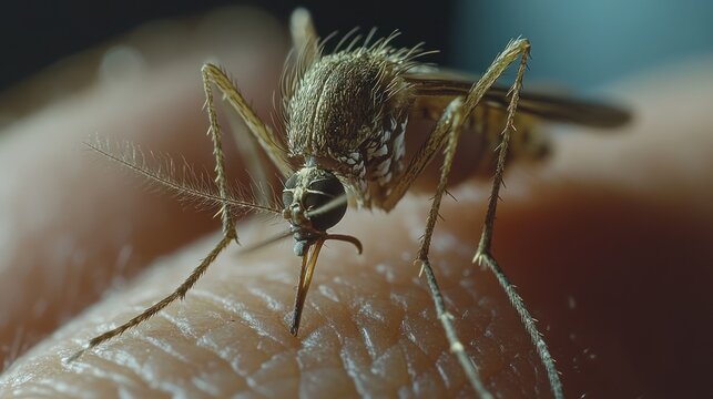 Mosquito on human skin, close-up view, insect feeding