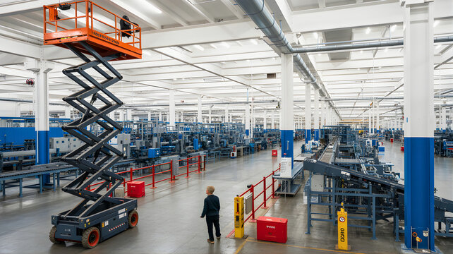 Spacious factory floor with a worker operating a scissor lift, surrounded by machinery and conveyor belts, showcasing industrial production and a modern manufacturing environment