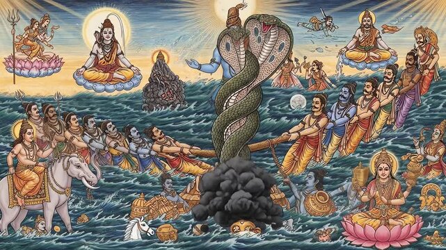 Vibrant depiction of Samudra Manthan, the Hindu myth of the churning of the cosmic ocean for the nectar of immortality.
