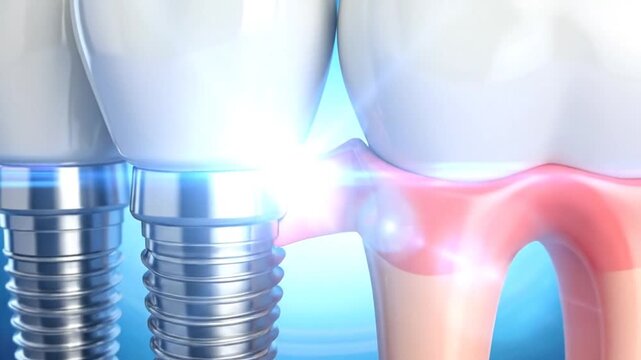 Dental implants and healthy teeth, showing the structure and placement on blue background.