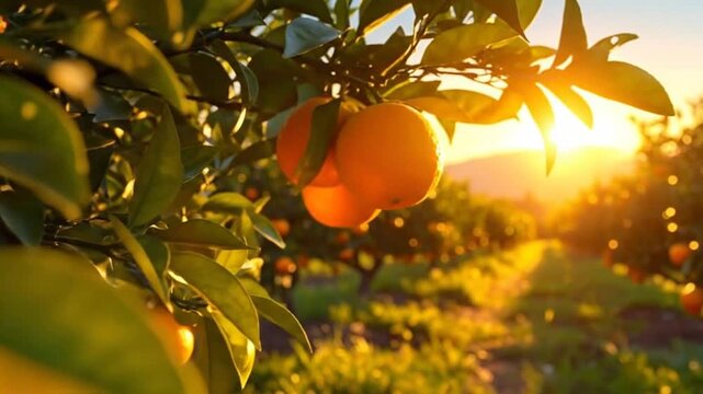 Sunlight streams through an orange grove, illuminating the ripe fruit and lush foliage.