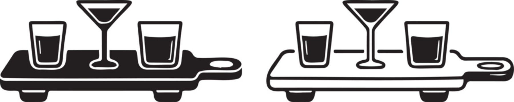Minimalist cocktail flight icons, black and white alcohol tasting paddle vector, martini and shot glass sampler set for bar menus and signage