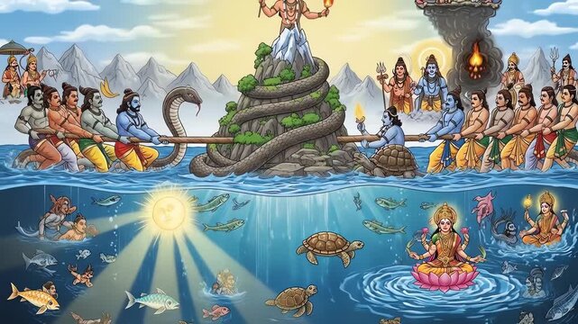 Vibrant Hindu mythological illustration depicting the Samudra Manthan, the cosmic churning of the ocean by gods and demons to obtain the nectar of immortality.