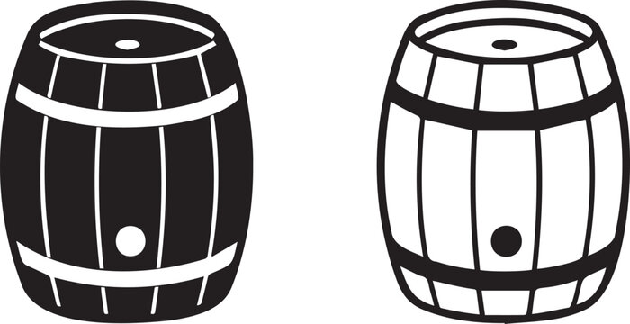 Vintage wooden barrel vector icons, rustic oak wine and beer keg illustrations, black and white brewery storage containers for branding and logos