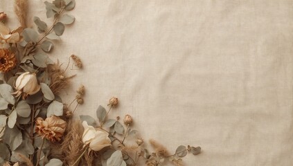Obraz premium Dried flowers on linen fabric texture creating a soft natural and minimal background with rustic aesthetic.