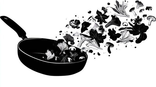 Cooking elements pour dynamically out of a frying pan in a dramatic black and white illustration
