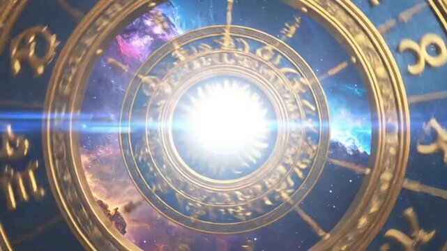Mystical zodiac wheel with astrological symbols against a cosmic nebula background.