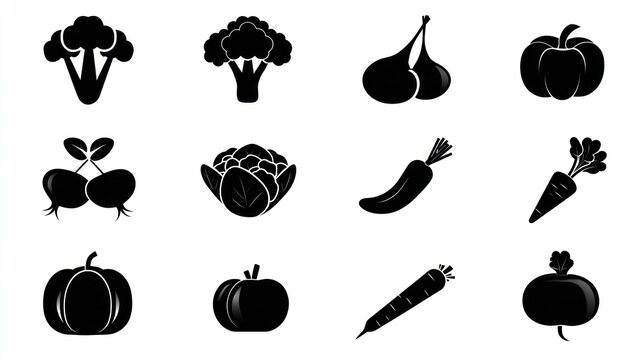 Collection of twelve distinct black silhouette icons depicting various types of fresh produce arranged in a grid format