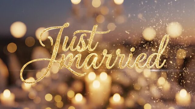 Just Married Sparkle Text with Bokeh Lights for Wedding Celebration.