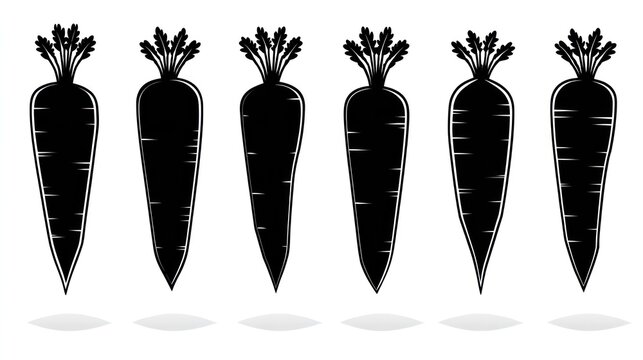 Six black and white silhouette icons depict root vegetables with leafy tops isolated on a white background.