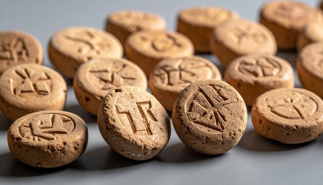 A close-up view of small, ancient clay bullae each impressed with unique proto-cuneiform symbols and inscriptions