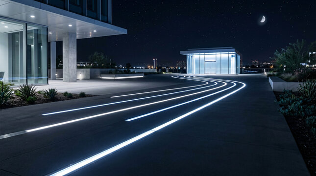 Route nocturne avec tra&icirc;n&eacute;es lumineuses illustrant la vitesse