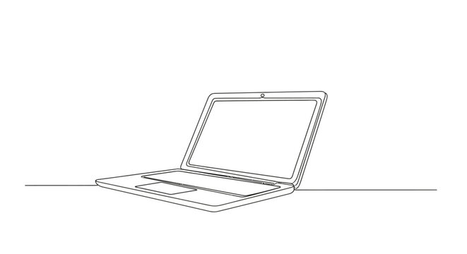 Minimalist Laptop Drawing, Open Notebook Computer, Technology Concept, Single Line Art
