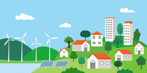 Fototapeta premium Concept of renewable energy. Eco city. Landscape with a solar panels and wind turbines. Vector illustration.
