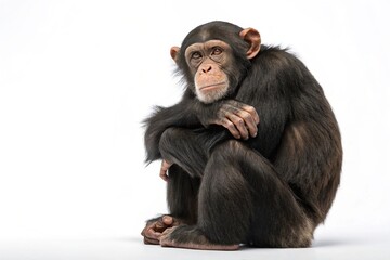 Fototapeta premium Chimpanzee sits cross-legged, arms wrapped around its knees