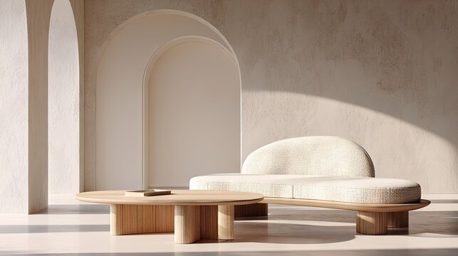 Modern living room interior design with arched features and furniture