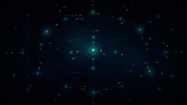 Abstract motion graphic of a centralized digital network node pulsing with light, connecting to surrounding data points via glowing lines and floating particles.