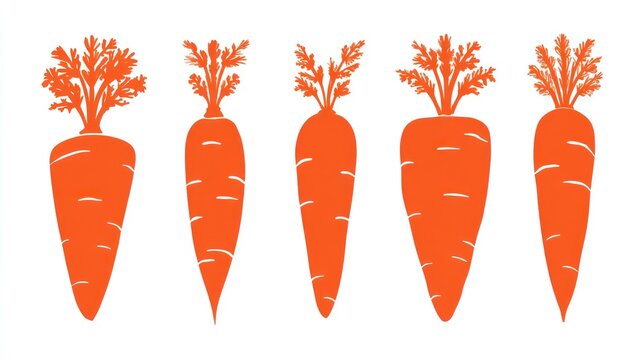 Five distinct shapes of orange root vegetables with green tops are displayed in a row against a white background.
