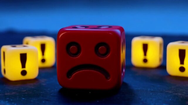 Sad red die surrounded by exclamation mark yellow dice on dark surface