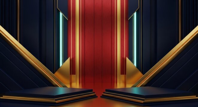 Luxurious Grand Hall With Red Carpet And Golden Accents Dramatic Lighting