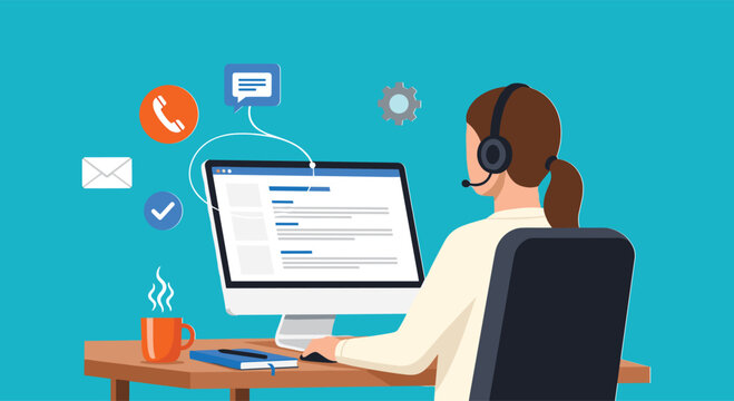 Customer support representative working at computer with headset, online communication service, technical assistance, help desk concept, digital customer care, remote service operator illustration