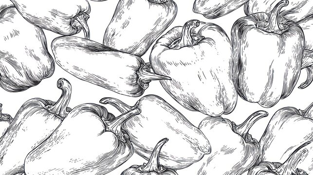 Repeating pattern features detailed hand drawn illustrations of bell peppers