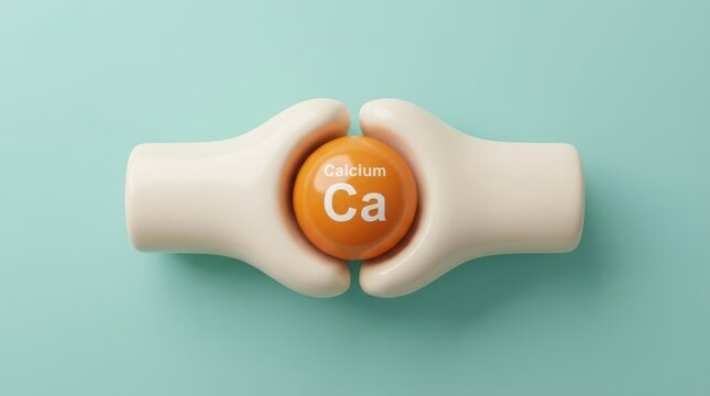 Anatomic bone joint holding calcium supplement sphere representing skeletal health and mineral intake.