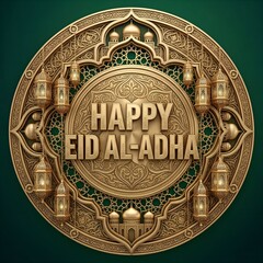 Fototapeta premium Ornate Islamic Geometric Mandala with Happy Eid al Adha Greeting in Gold and Green Design