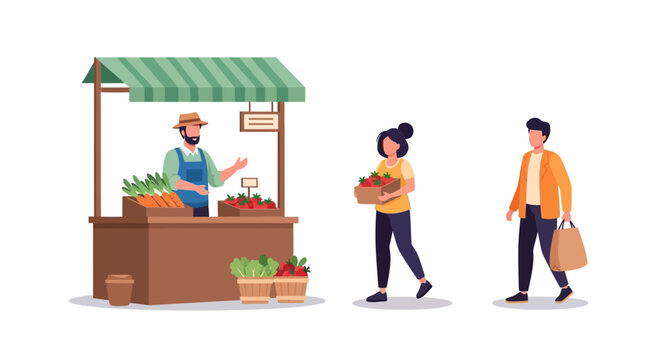 Farmer selling fresh organic vegetables at outdoor market stall to customers