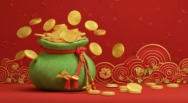 Chinese New Year Money Bag with Gold Coins and Red Decorations isolated on a transparent background