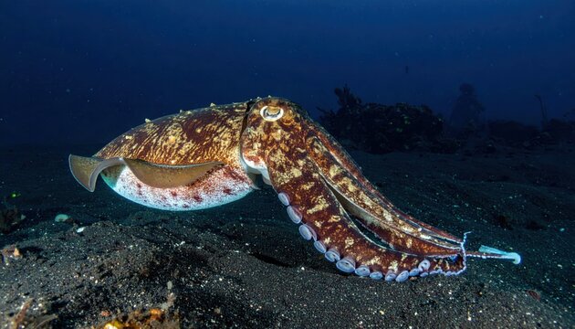 A captivating cuttlefish with intricate patterns and visible suckers moves gracefully through its dark ocean habitat, showcasing its stunning natural beauty.
