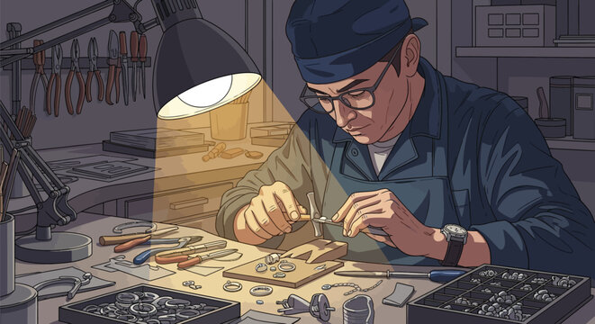 Man meticulously crafting jewelry under a warm lamp.